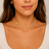 Gold Tone Cross Beaded Station Necklace