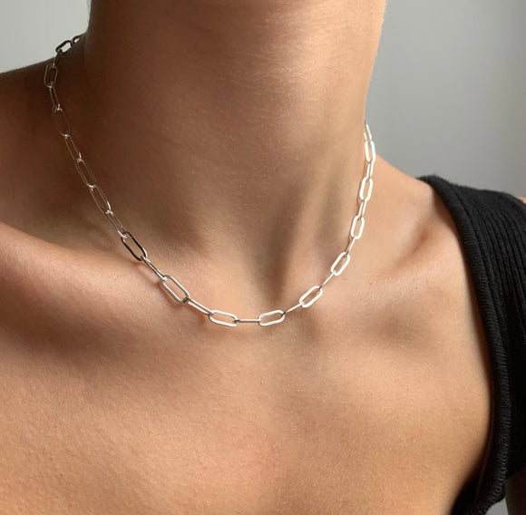 Solid 925 Sterling Silver Paperclip Chain Necklace 3MM Italian Made