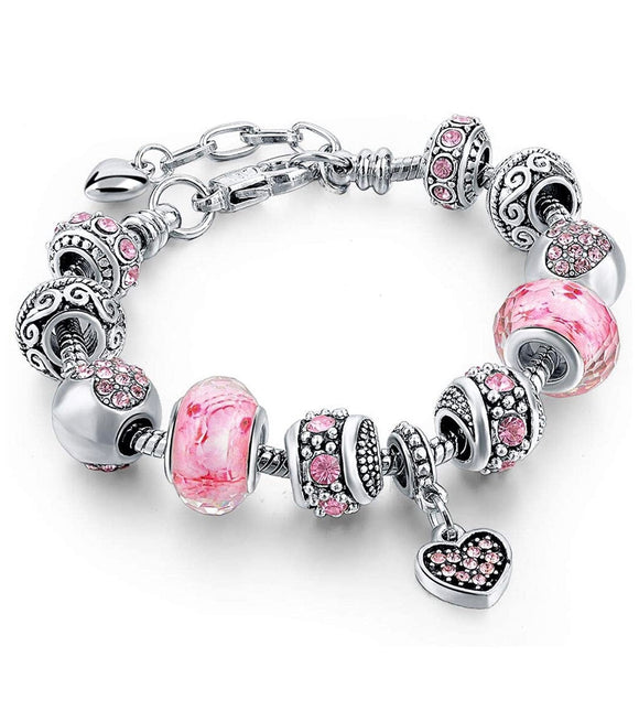 Pink Crystal Heart Charm Bracelet