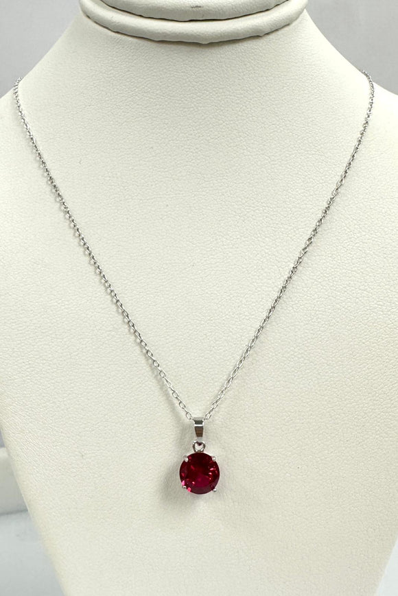 925 Sterling Silver Round Cut Created Ruby Necklace