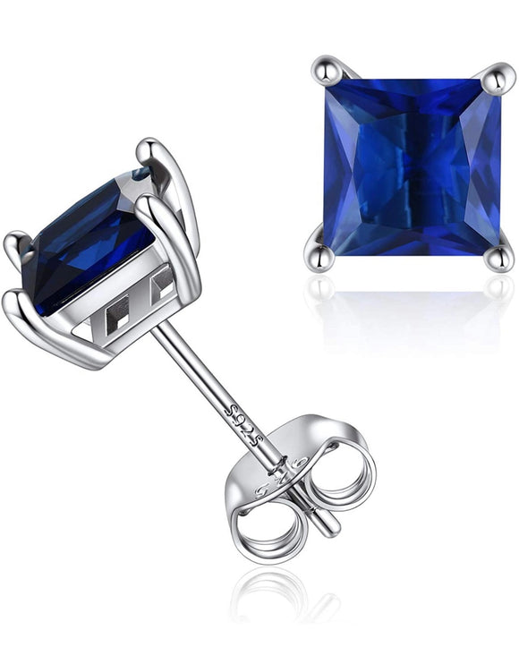 2CT 925 Sterling Silver Natural Sapphire Square Cut Studs Earrings