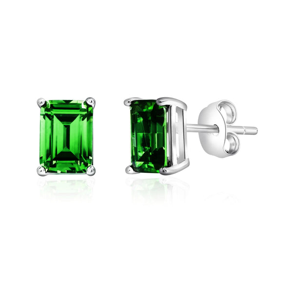 Sterling Silver Green Emerald Cut Earrings