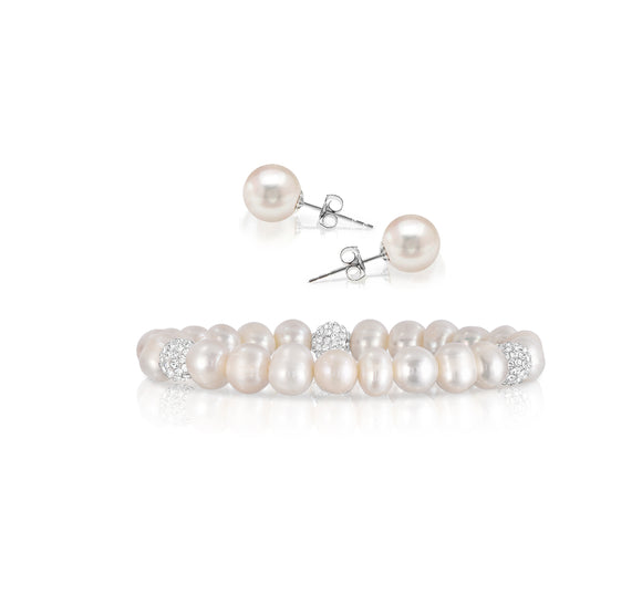 2 PACK: PEARL AND CRYSTAL STRETCH BRACELET AND STUDS SET