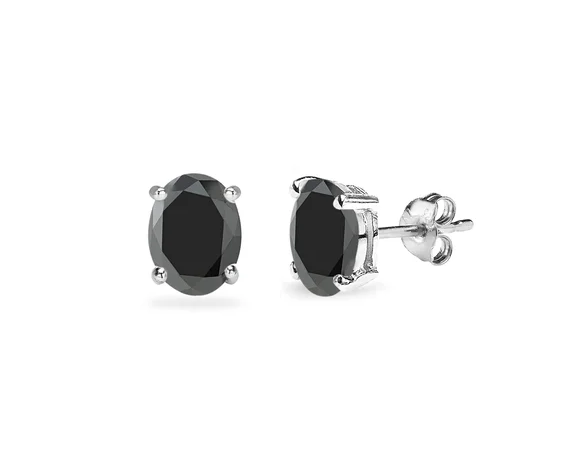 925 Sterling Silver Oval Black Sapphire Studs