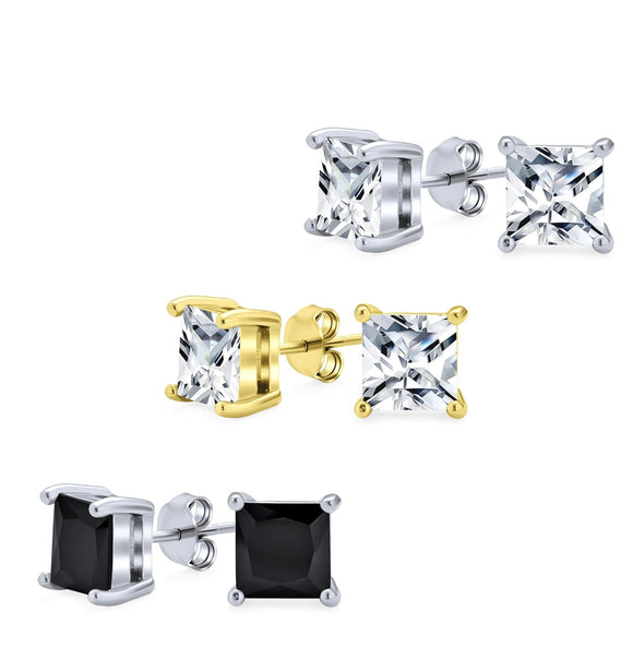 3 Pack Sterling Silver Princess Square Cut Studs