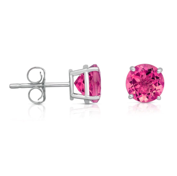 925 Solid Sterling Silver Lab Created Pink Tourmaline Round Studs