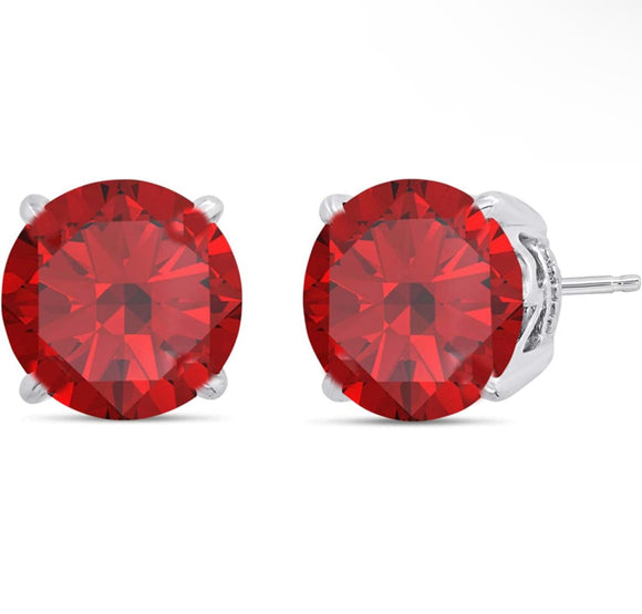 925 Solid Sterling Silver Red Lab Created Ruby Round Studs