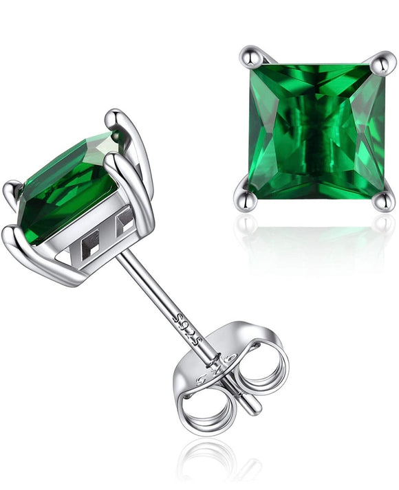 2CT 925 Sterling Silver Emerald Square Cut Studs Earrings