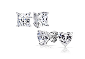 Sterling Silver Princess Cut And Heart Cut Studs Set